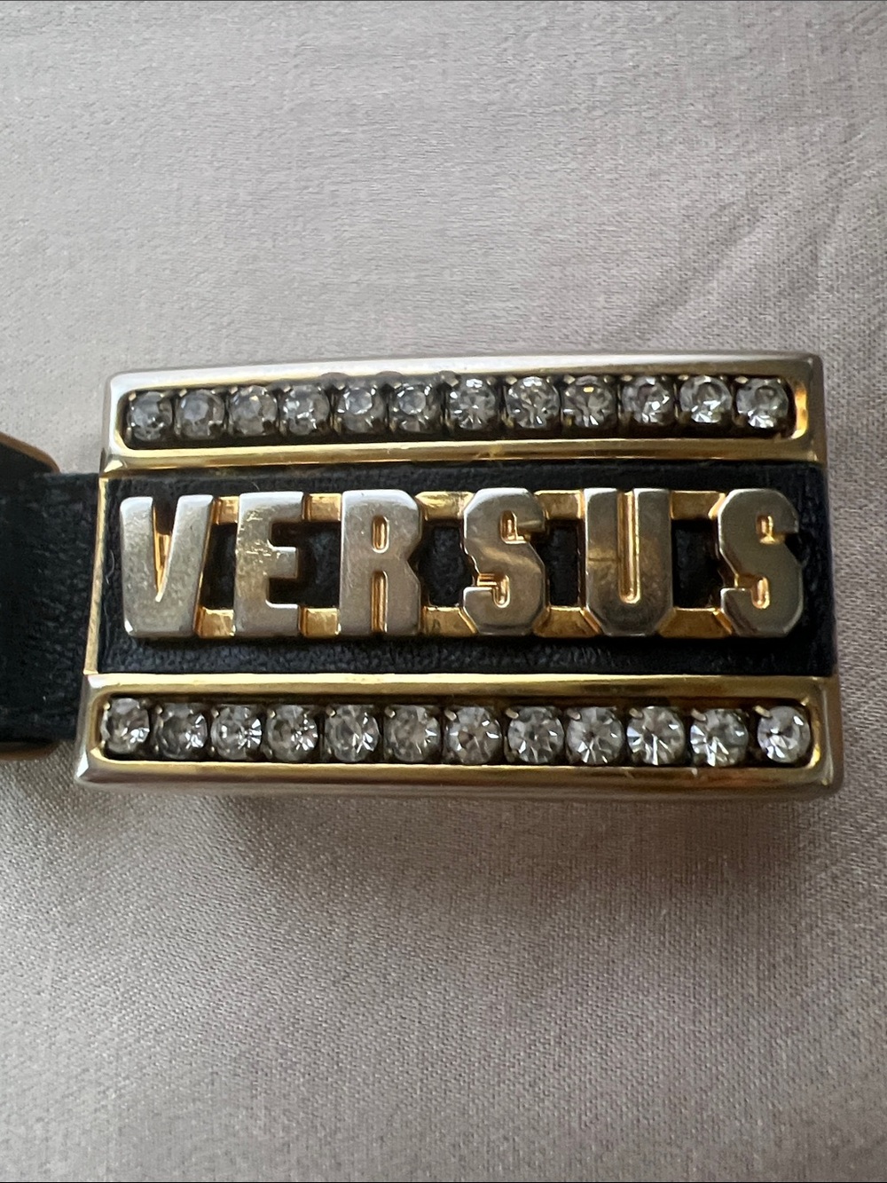 Versus By Versace Black Leather Belt with Gold-Tone Logo Buckle and Crystals - Picture 8 of 13